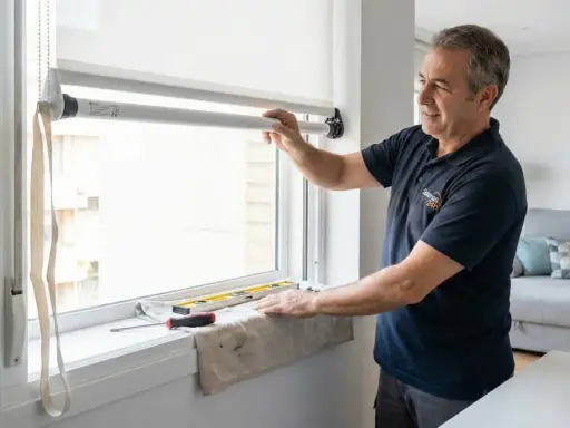 Técnico instala sistema para motorizar persianas, mostrando el motor y el control en un móvil.