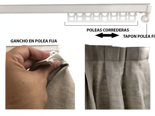 Detalle de cómo colgar cortinas: gancho en polea fija y poleas correderas en riel blanco.