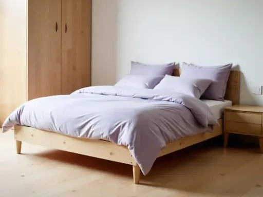 Cama con funda nórdica Bassols en tono lavanda, almohadas a juego, mesita de noche de madera y armario.