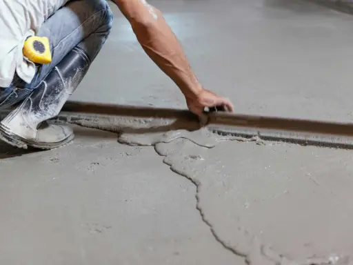 Obrero con botas de goma y cinta métrica en el bolsillo, usando una regla para nivelar suelo de cemento fresco.