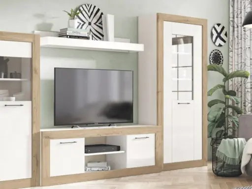 Un moderno salón sin luz natural, con un mueble de TV blanco y madera, una planta y un sofá gris.