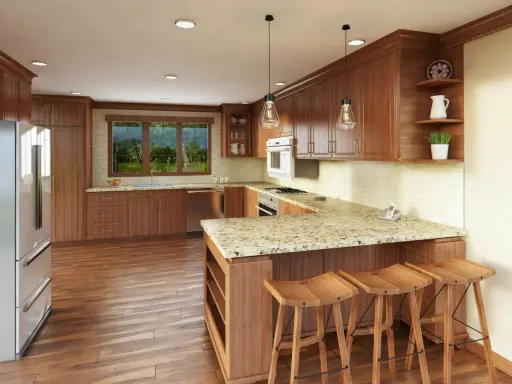 Cocinas abiertas al salón con barra de madera y taburetes. Encimeras de granito, electrodomésticos de acero inoxidable y suelo de parqué.