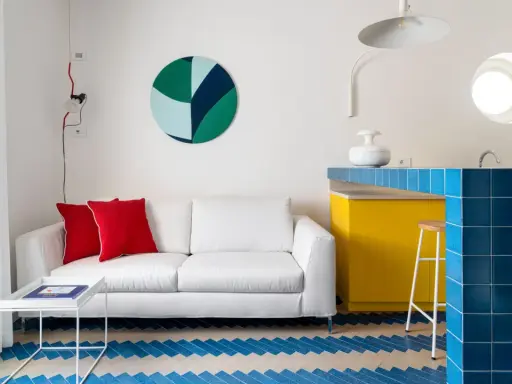 Sofá blanco con cojines rojos, mesa auxiliar blanca y suelo con diseño de espiga en colores claros y azul. Barra de cocina amarilla y azul.