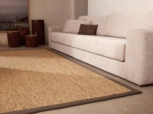 Alfombra sisal 200x300 de fibras naturales, ideal para crear un ambiente cálido y acogedor junto a un sofá beige.
