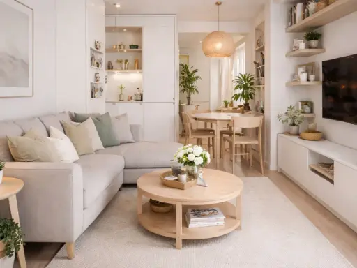 Un salón acogedor y luminoso, perfecto para el tiny living. Sofá modular, mesa de centro redonda y rincón de comedor.