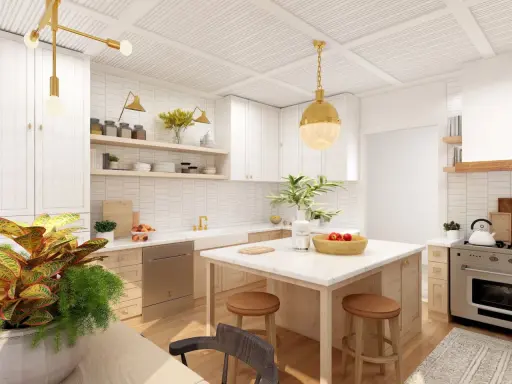 Cocina moderna con isla central, gabinetes blancos y detalles dorados. Ideas para como diseñar una cocina funcional y elegante.