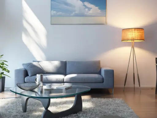 Sofá gris oscuro, mesa de cristal, alfombra mullida y lámpara de pie. Un espacio acogedor para relajarse.