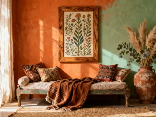 Sofá de estilo boho chic con cojines étnicos, manta de terracota y cuadro de flores. Paredes en naranja y verde.