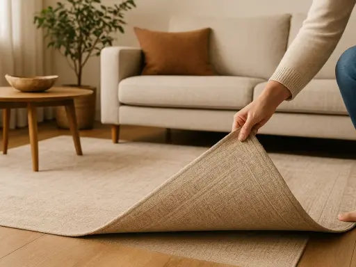 Mano desplegando una alfombra de algodón beige en una sala de estar con sofá y mesa de centro.