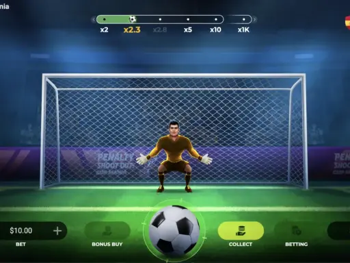 Modo demo de Penalty Shoot Out de Evoplay: para qué sirve. Pantalla de juego de fútbol con portero, balón y opciones de apuesta.