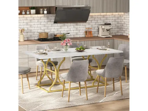 Mesa de comedor moderna con base dorada y sillas grises, ideal para 8 personas. Las medidas de la mesa comedor 8 personas son perfectas para reuniones familiares.