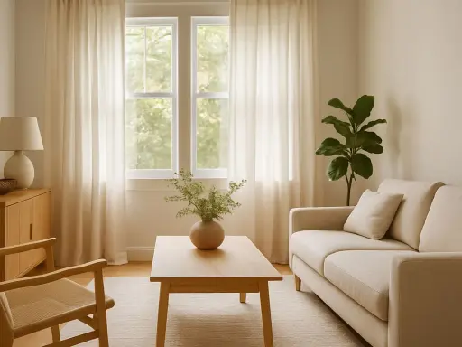 Sofá beige y silla de madera con asiento de lino tejido, junto a una mesa de centro de madera y cortinas claras.