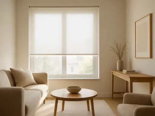 Salón acogedor con sofá beige, mesa de centro de madera y estor enrollable noche y día que filtra la luz.