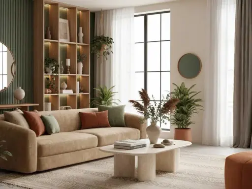 Sofá beige con cojines color terracota y verde, mesa de centro ovalada con libros y jarrones, y estanterías llenas de objetos decorativos, creando centros de mesa modernos.