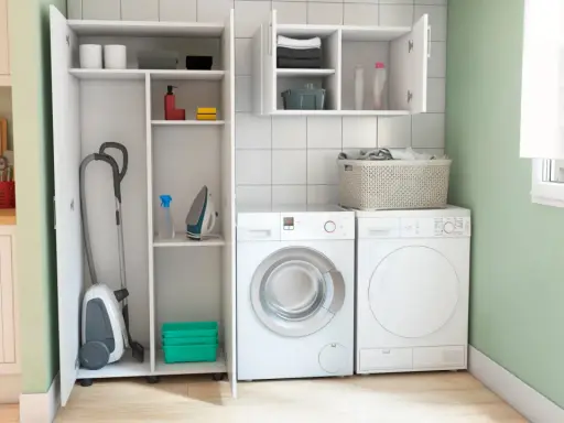 Lavaderos ideas: aspiradora, plancha y lavadora organizados en un espacio moderno y funcional.