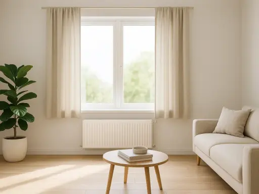 Cortinas beige cuelgan sobre un radiador blanco. Un sofá y una planta adornan la sala.
