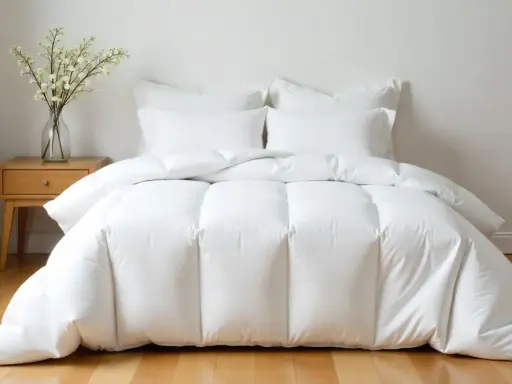 Cama impecable con edredón plumón oca blanco y cojines. Un jarrón con flores decora la mesita de noche.