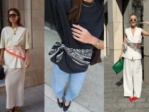 Tres mujeres lucen un foulard Bassetti atado a la cintura, aportando un toque de color y estilo a sus atuendos.