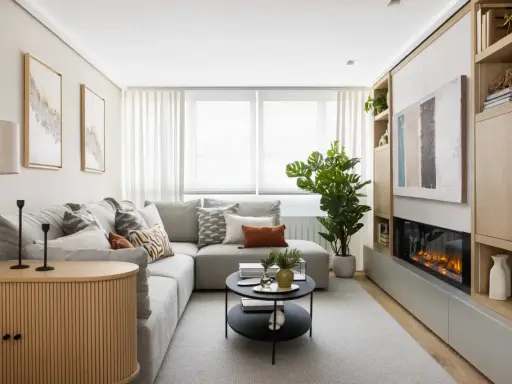 Acogedora decoracion salon pequeño con sofá gris, chimenea moderna y estanterías de madera.