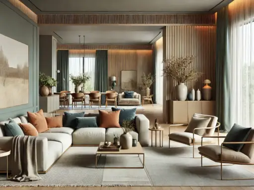 Elegante salón con sofás blancos y cojines en tonos tierra y verde azulado. Paredes en verde salvia, inspirando colores de moda para pintar casa.