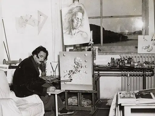 Salvador Dalí en su estudio, rodeado de sus icónicos cuadros, trabajando en una nueva obra surrealista.