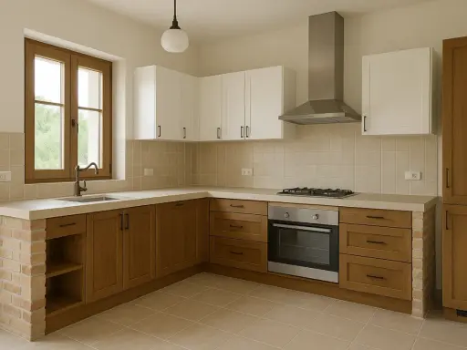 Cocina de obra con encimera de hormigón, muebles de madera y ladrillo visto. Ventana con grifo y campana extractora sobre la vitrocerámica.