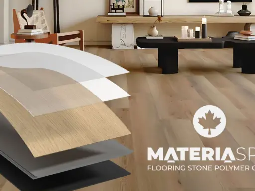 Capa de suelo vinílico SPC con textura de madera, mostrando sus capas de construcción.