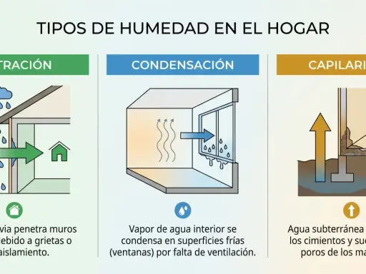 Ilustración muestra tres tipos de humedad en el hogar: filtración de lluvia, condensación interior y capilaridad. Aprende cómo quitar humedad de la pared.