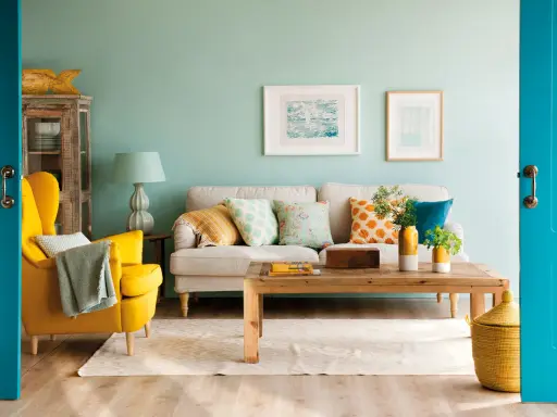 Un sillón amarillo vibrante y cojines con estampados alegres muestran los **colores que combinan con mostaza** en esta sala de estar acogedora.