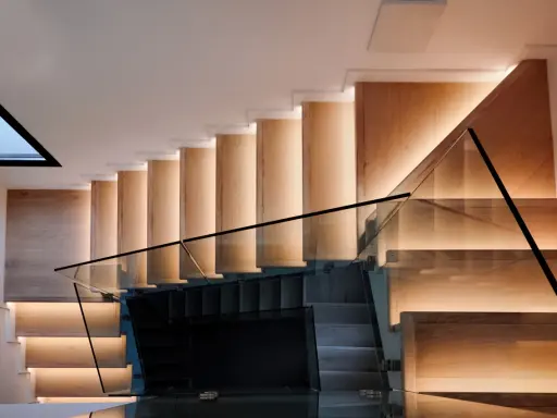 Moderna escalera de madera con iluminación indirecta y barandillas de cristal, vistas en el salón.
