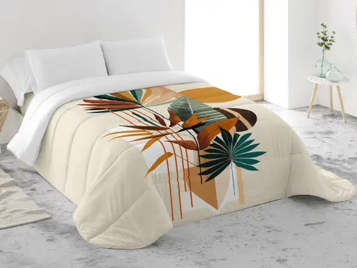 Edredón antilo con estampado botánico abstracto en tonos tierra y verdes. Un toque natural y moderno para tu dormitorio.