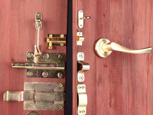 Detalle de varios tipos de pestillos para puertas de madera, con acabados dorados y plateados, incluyendo manijas.