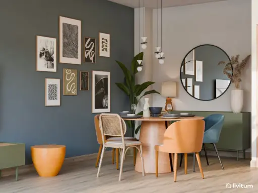 Comedor moderno con mesa de madera, sillas en tonos naranja y azul, y una pared decorada con cuadros. Los colores para comedor moderno son vibrantes y acogedores.