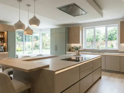Cocina moderna con isla central, gabinetes verdes y de madera, perfecta para reformar cocina sin obras.