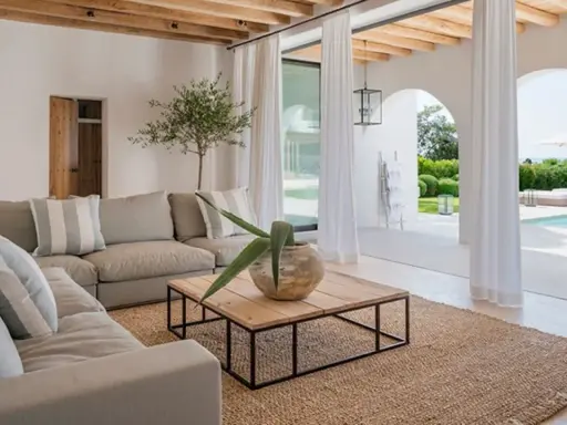 Sofá gris, mesa de centro de madera y alfombra de yute en un salón luminoso con vistas a una piscina.