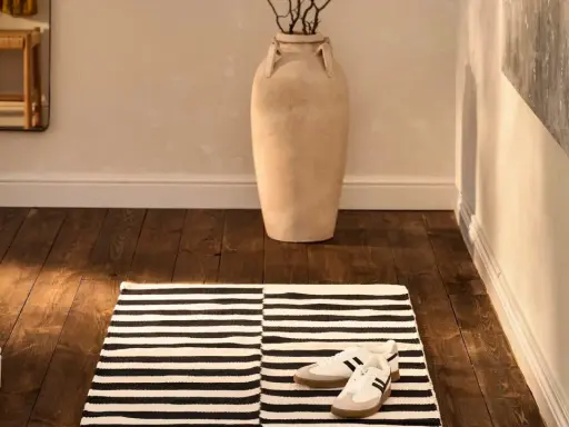 Alfombra pasillero a rayas blancas y negras, con zapatillas deportivas y un jarrón grande.