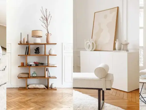 Estancias luminosas con muebles modernos y decorativos sobre una **pared blanca**. Jarrones, libros y arte añaden estilo.