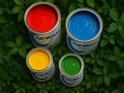 Latas de pintura para pintar plástico en rojo, azul, amarillo y verde, rodeadas de hojas verdes.