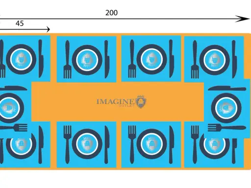 Diagrama de mesa de comedor para 4 personas, con medidas de 200x100 cm. Cada puesto incluye plato, tenedor y cuchillo.