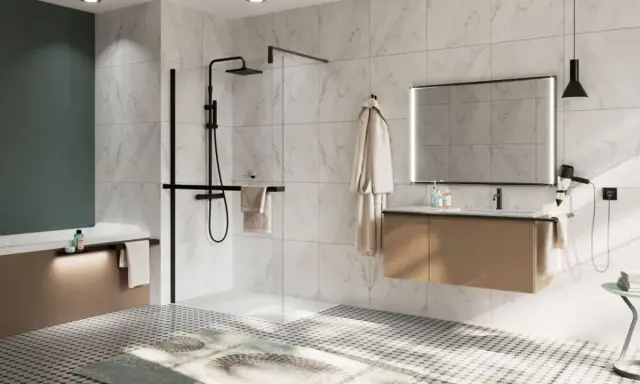 Modern bathroom with a walk-in shower, bathtub, and vanity. Las duchas de obra a ras de suelo fotos muestran un diseño elegante.