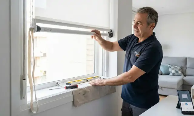 Técnico instala sistema para motorizar persianas, mostrando el motor y el control en un móvil.