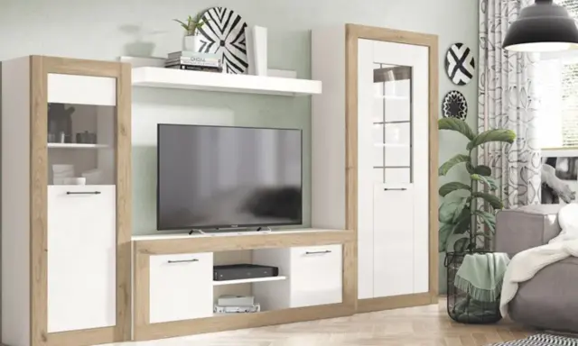 Un moderno salón sin luz natural, con un mueble de TV blanco y madera, una planta y un sofá gris.