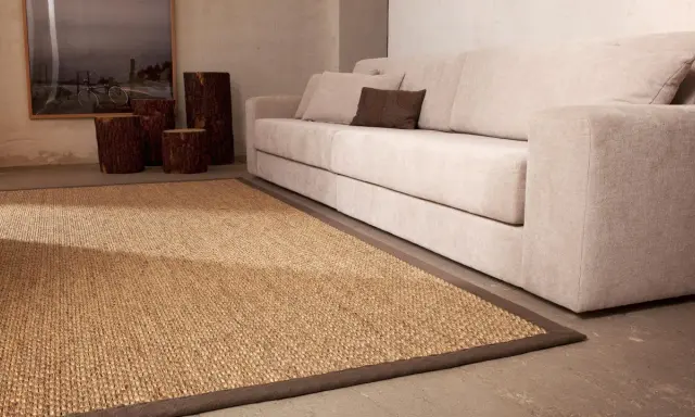 Alfombra sisal 200x300 de fibras naturales, ideal para crear un ambiente cálido y acogedor junto a un sofá beige.
