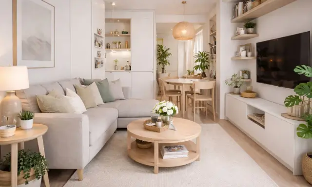 Un salón acogedor y luminoso, perfecto para el tiny living. Sofá modular, mesa de centro redonda y rincón de comedor.