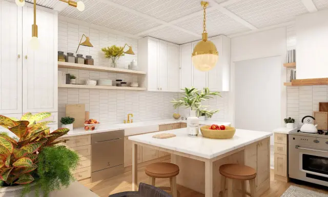 Cocina moderna con isla central, gabinetes blancos y detalles dorados. Ideas para como diseñar una cocina funcional y elegante.