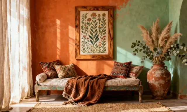 Sofá de estilo boho chic con cojines étnicos, manta de terracota y cuadro de flores. Paredes en naranja y verde.
