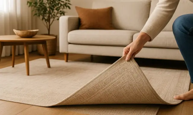 Mano desplegando una alfombra de algodón beige en una sala de estar con sofá y mesa de centro.