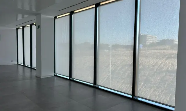 Ventanas con tejido screen que filtran la luz, creando un ambiente sereno en la oficina.