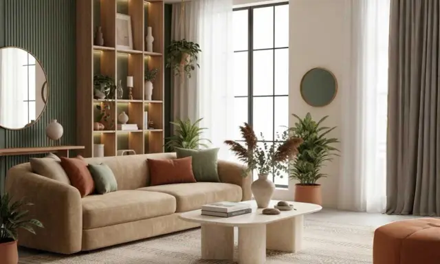 Sofá beige con cojines color terracota y verde, mesa de centro ovalada con libros y jarrones, y estanterías llenas de objetos decorativos, creando centros de mesa modernos.
