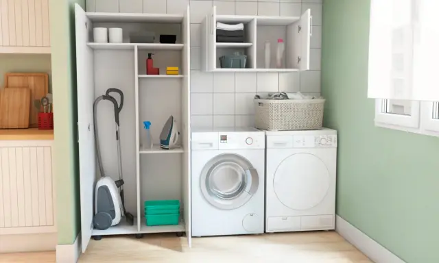 Lavaderos ideas: aspiradora, plancha y lavadora organizados en un espacio moderno y funcional.